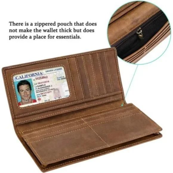 MEN'S RFID Vintage Look Genuine Leather Long Bifold Wallet Eagle Brown - Picture 2 of 8